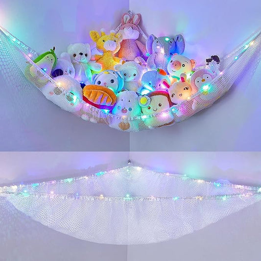 Unicorn Castle Stuffed Animals Net or Hammock Kids Toy Storage Organizer with LED Light Hanging Corner Stuffed Animals Holder Kids Girls Room Decor (Pack of 1)