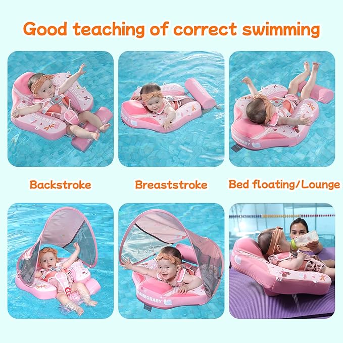 Mambobaby Float with Canopy and Tail New Upgraded Non-Inflatable Baby Pool Float Mambo Float Swim Trainer Solid Infant Swim Float Adjustable Pearl Foam Baby Swim Ring