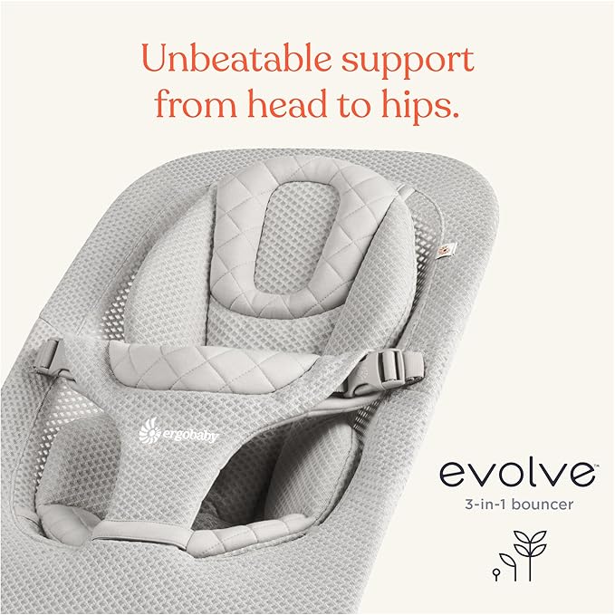 Ergobaby Evolve 3-in-1 Mesh Baby Bouncer Seat, Adjustable Multi-Position Infant Bouncer and Toddler Chair, Breathable Mesh, Converts from Newborn to Toddler - Cream
