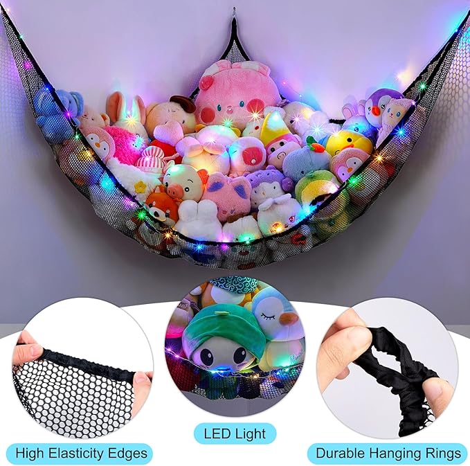 Unicorn Castle Stuffed Animals Net or Hammock Kids Toy Storage Organizer with LED Light Hanging Corner Stuffed Animals Holder Kids Girls Room Decor,Black,XL-Large-Pack of 1
