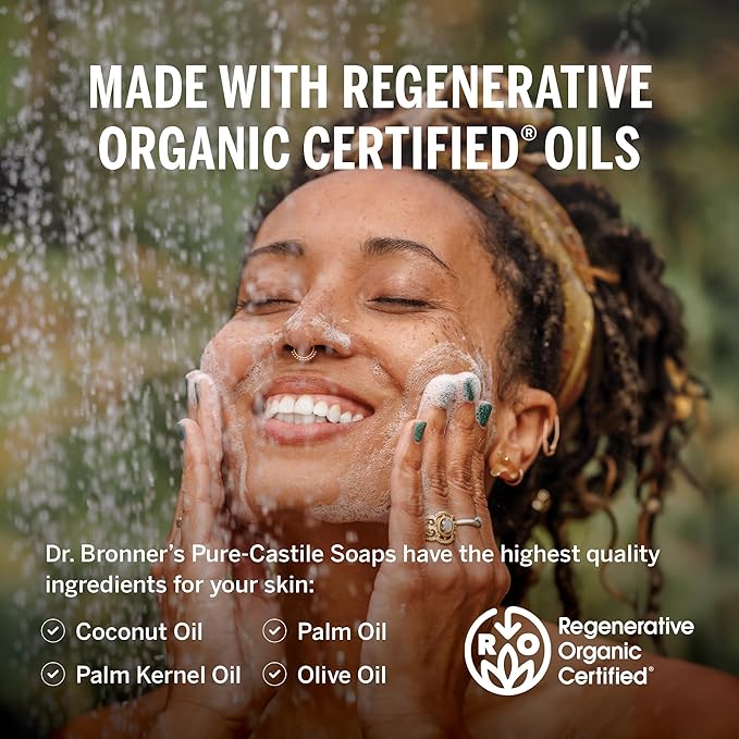 Dr. Bronner's Pure-Castile Magic Liquid Soap - Made with Regenerative Organic Certified Oils - 18-in-1 Uses for Face, Body, Hand Gentle on Baby & Sensitive Skin Body Wash Unscented,32oz