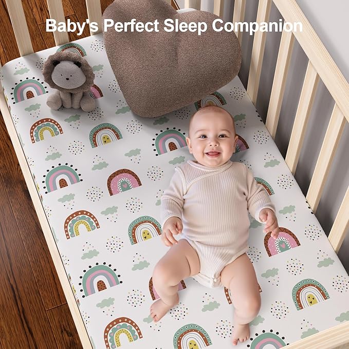 Baby Crib Sheets 2 Pack for Boys and Girls Fit for Standard Crib Toddler Mattress Breathable Soft Microfiber Baby Sheet 28x52x8in(Polar Bear & Green Rainbow)