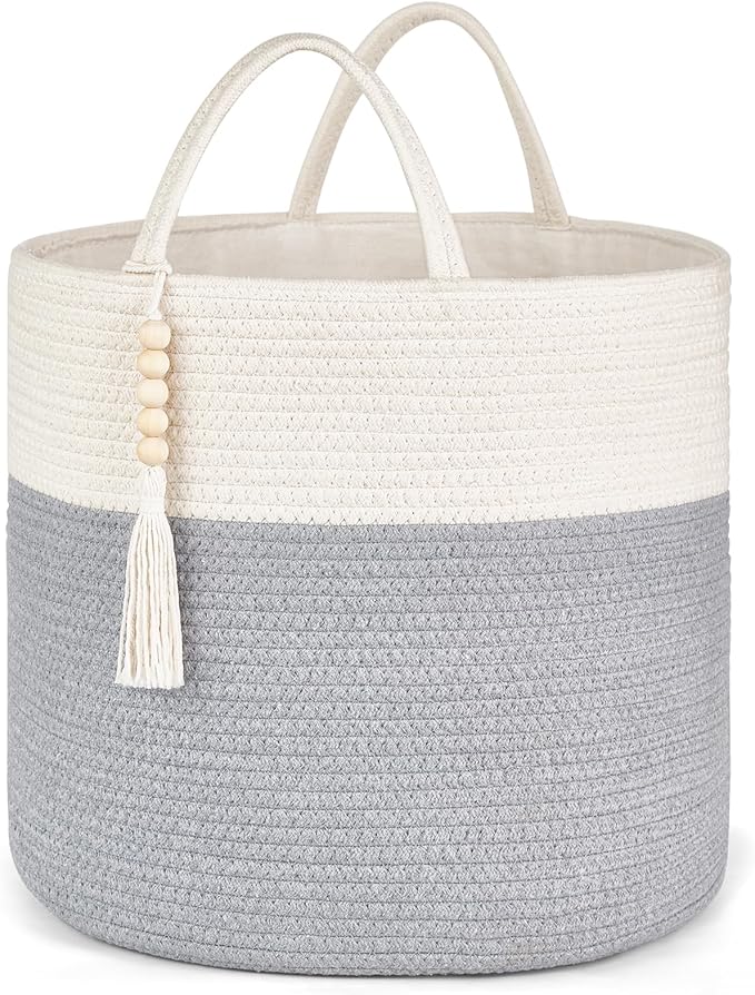 Mkono Woven Storage Basket Decorative Rope Basket Wooden Bead Decoration for Blankets,Toys,Clothes,PlantOrganizer Bin with Handles Living Room Home Decor, Grey and White, 16" W × 13.8" L