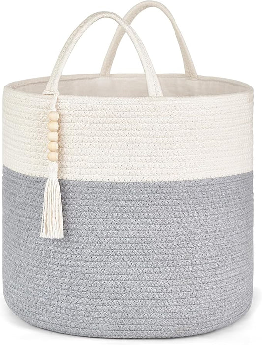 Mkono Woven Storage Basket Decorative Rope Basket Wooden Bead Decoration for Blankets,Toys,Clothes,PlantOrganizer Bin with Handles Living Room Home Decor, Grey and White, 16" W × 13.8" L