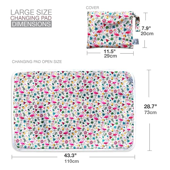 Flock Three Waterproof Baby Diaper Changing Pad with Storage Bag (43.3" X 28.7") Washable Wipeable Reusable Leak Proof Diaper Travel Mat Station Changing Mattress Liner Cribs Bed Cover, Flamingos