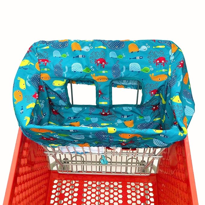 Portable Shopping Cart Cover, High Chair and Grocery Cart Covers for Babies, Kids, Infants & Toddlers, Attached Carry Bag (Blue Seaworld)
