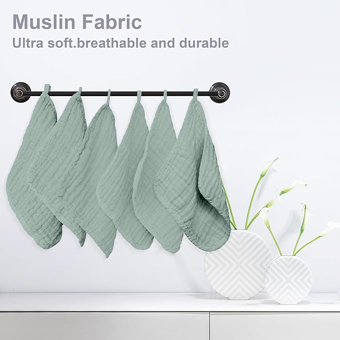 SWEET DOLPHIN 12 Pack Baby Muslin Washcloths - Soft Face Cloths for Newborn, Absorbent Bath Wash Cloths, Wipes, Burp Rag - Toddlers Essentials Stuff, Baby Registry as Shower -10"x10", Green