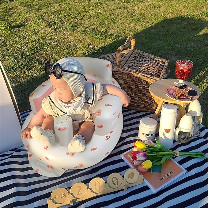 Inflatable Baby Chair with Built in Air Pump, Sit me Up Floor Seat for Baby 3 Months & Up, Blow Up Baby Seats for for Infants for Sitting Up - Bunny