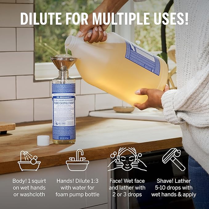 Dr. Bronner's Pure-Castile Magic Soap Liquid (Peppermint, 1 Gallon) – Made with Regenerative Organic Certified Oils - For Face, Hair, Laundry, Dishes- Hand Soaps & Body Wash