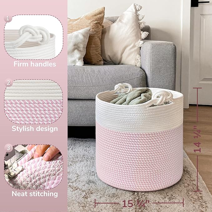 Goodpick Baby Storage Basket, Pink Laundry Basket 15 x 14.2 Inches, Toy Basket for Clothes, Nursery Basket for Toys, Soft Woven Basket for Storage, Pink