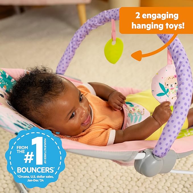 Bright Starts Pink Vibrating Baby Bouncer, Removable Toy Bar with 2 Toys, Nonslip Feet, 0-6 Months Up to 20 lbs (Wildflower Wonders)
