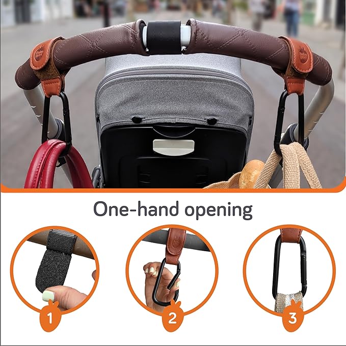 Baby Uma Baby Stroller Hooks - 2-Pack of Leather-Style Stroller Accessories, Non-Slip Stroller Clips, Carry 11 lbs per Stroller Bag Hook, Universal Hooks, 2 x Stroller Carabiner Clip (Camel)