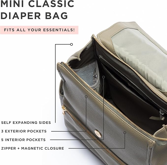 Freshly Picked Mini Classic Diaper Bag Backpack, Wipeable Vegan Leather Baby Diaper Bag, 8 Pockets Total (Sage Green)