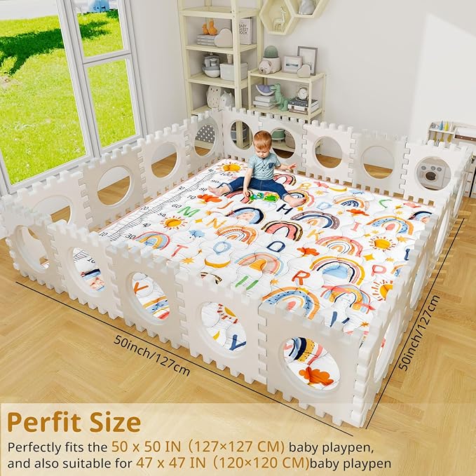 Baby Gyms Playmats for Playpen, 50"×50" Boho Rainbow Play Mat for Playpen Playyards Thicken Soft Padding Foam Playmats for Babies Toddlers Infants Baby Crawling Mat Pad Tummy Time