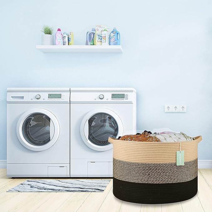Extra Large Blanket Basket 87L, Laundry Hamper, Baby Nursery Hamper for Storage Toys Clothes Towels, Large Cotton Rope Laundry Basket for Girls Boys, 22”x 14”, Brown & Black