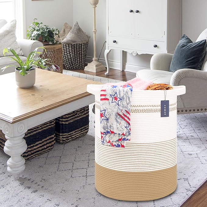 COMSE Extra Large Blanket Basket, Tall Laundry Basket, Nursery Hamper, 15.7”x 21.7”, Cotton Rope Woven Laundry Hamper for Storage Toys Clothes Towels, Brown & White