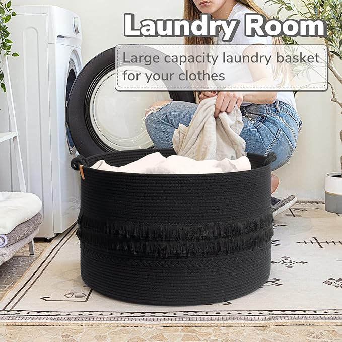 CherryNow 22"x22"x14" Large Blanket Basket, Home Décor for Living Room Bedroom, Boho Decorative Laundry Basket for Clothes, Baby Toy Storage, Black