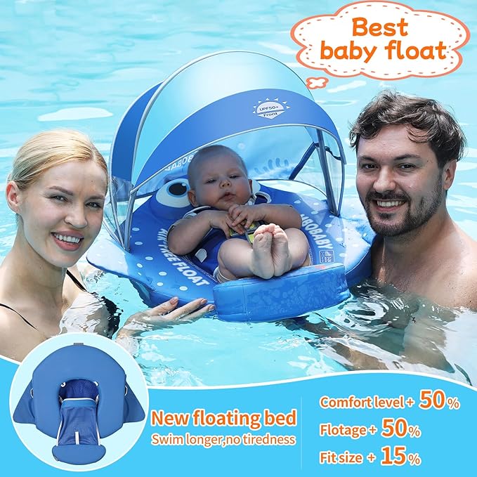 Mambobaby Float with Canopy and Tail New Upgraded Non-Inflatable Baby Pool Float Mambo Float Swim Trainer Solid Infant Swim Float Adjustable Pearl Foam Baby Swim Ring