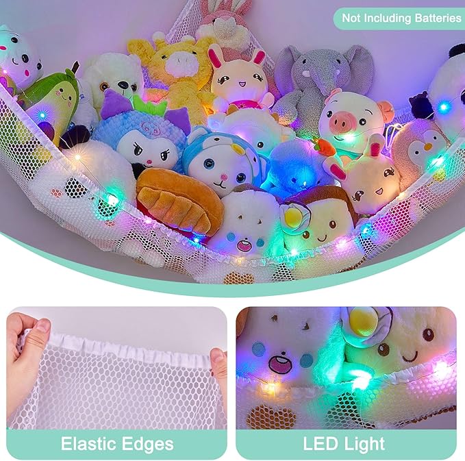 Unicorn Castle Stuffed Animals Net or Hammock Kids Toy Storage Organizer with LED Light Hanging Corner Stuffed Animals Holder Kids Girls Room Decor (Pack of 1)