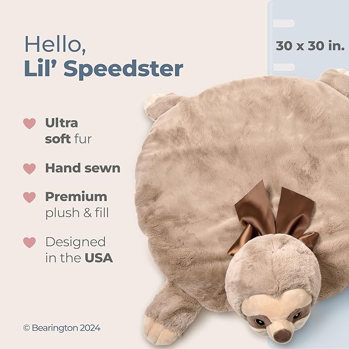 Bearington Collection Sloth Plush Tummy Time Mat - 30 x 30 in Lil’ Speedster Quilted Velour - Newborn Baby Sloth Blanket & Machine Washable