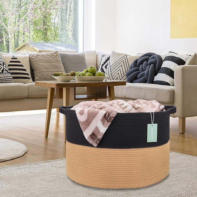 Extra Large Blanket Basket 87L, Laundry Hamper, Baby Nursery Hamper for Storage Toys Clothes Towels, Large Cotton Rope Laundry Basket for Girls Boys, 22”x 14”, Black & Jute