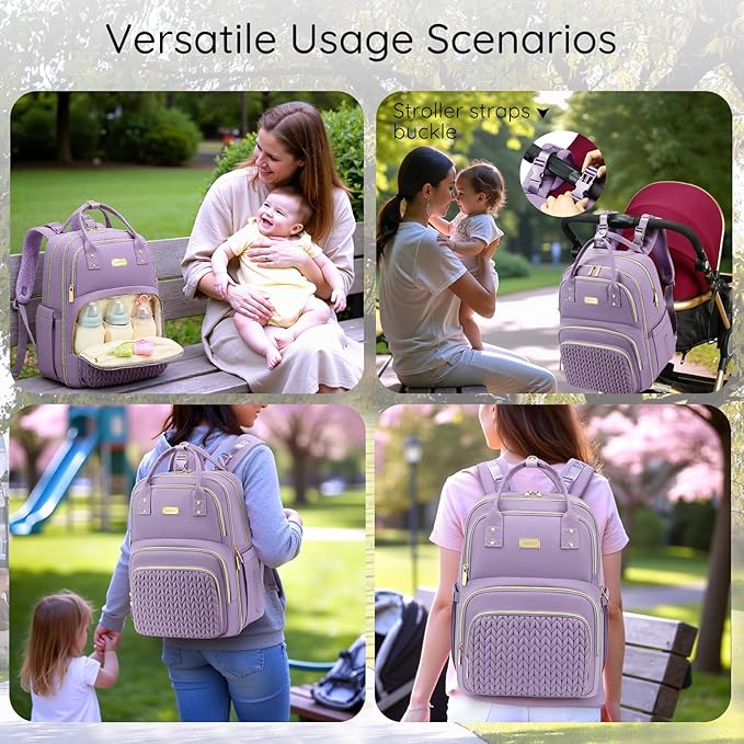 Diaper Bag Backpack - Large Multi functional, Boys, Girls & Baby Travel Essentials Tote with Changing Pad, Insulated Pockets, Stroller Straps, Waterproof - Baby Backpack for Mom & Maternity (Purple)
