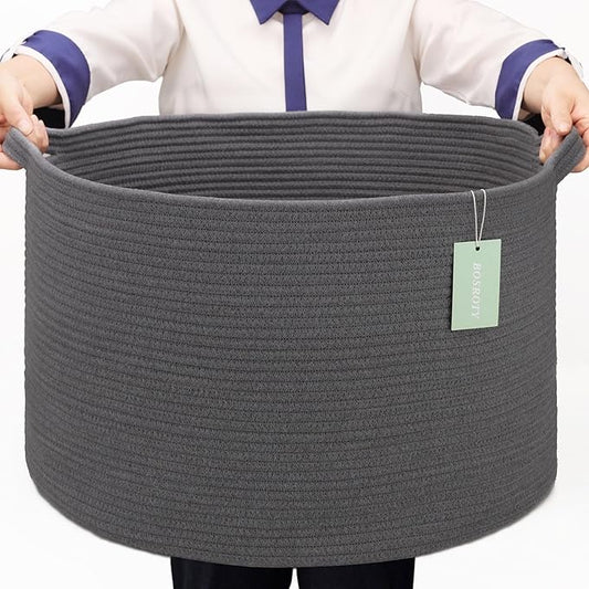 Extra Large Blanket Basket 87L, Laundry Hamper, Baby Nursery Hamper for Storage Toys Clothes Towels, Large Cotton Rope Laundry Basket for Girls Boys, 22”x 14”, Dark Gray