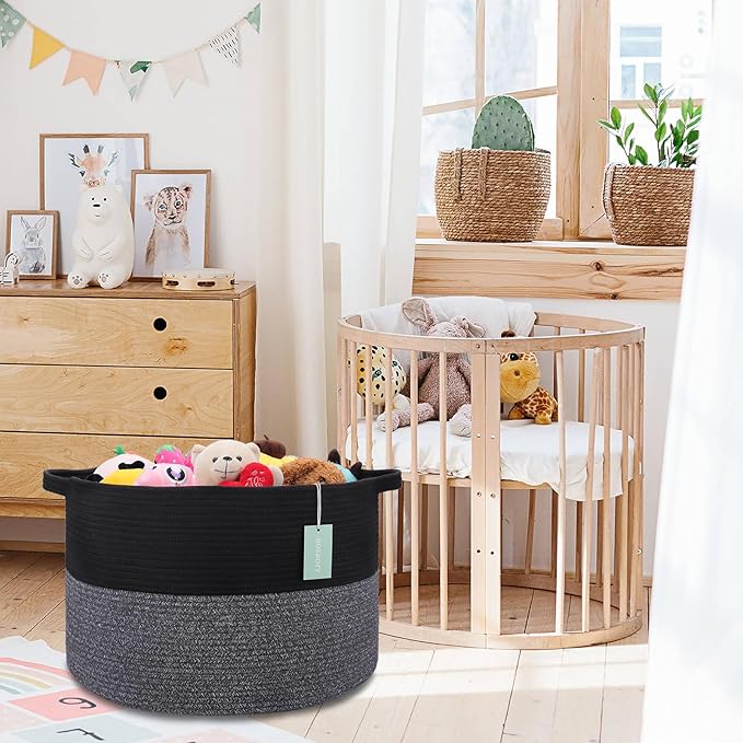 Extra Large Blanket Basket 87L, Laundry Hamper, Baby Nursery Hamper for Storage Toys Clothes Towels, Large Cotton Rope Laundry Basket for Girls Boys, 22”x 14”, Black & Gray