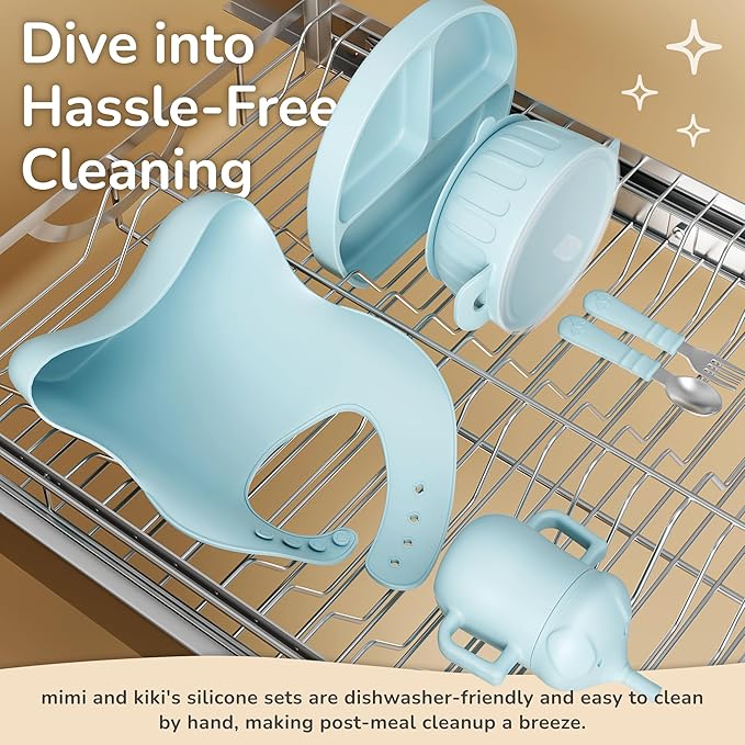 mimi & kiki BPA-Free Silicone Baby Feeding Set, Baby Plates and Bowls Set, Baby Led Weaning Supplies, Silicone Suction Plate, Baby Utensils, Bib and Cup, Self Feeding, Dishwasher Safe (Light Blue)