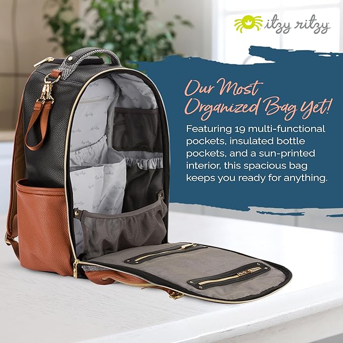 Itzy Ritzy Diaper Bag Backpack – Large Capacity Boss Plus Baby Backpack Diaper Bag Featuring 19 Pockets, Changing Pad, Stroller Clips, and Comfortable Straps (Coffee & Cream)