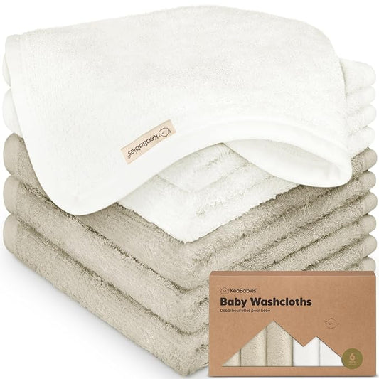 6-Pack Soft Baby Washcloths, Viscose from Bamboo - Kids, Newborn Bath Towels, Infant Shower, Toddler Reusable Face Towel, Gentle on Skin, Face Wash Cloths for Babies, 10x10 (White/Stone)