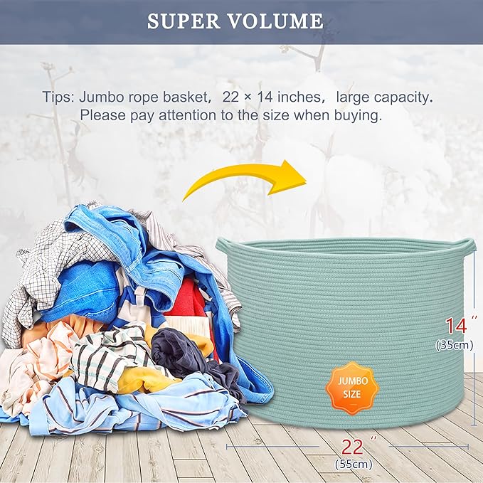 Extra Large Blanket Basket 87L, Laundry Hamper, Baby Nursery Hamper for Storage Toys Clothes Towels, Large Cotton Rope Laundry Basket for Girls Boys, 22”x 14”, Light Green