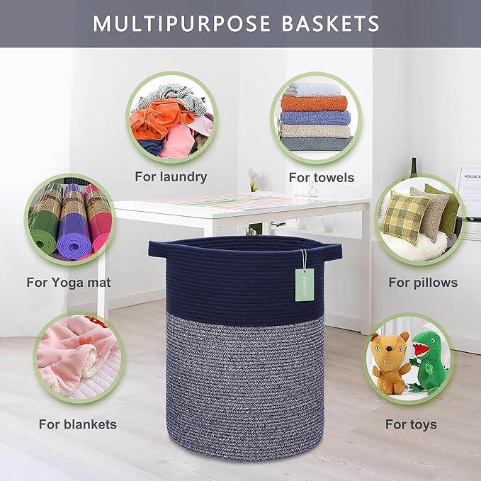 Large Laundry Hamper for Girls Boys Kids 72L, Nursery Hamper, Tall Laundry Basket, Cotton Rope Woven Blanket Basket for Storage Toys Clothes Towels, 16”x 22”, Navy Blue