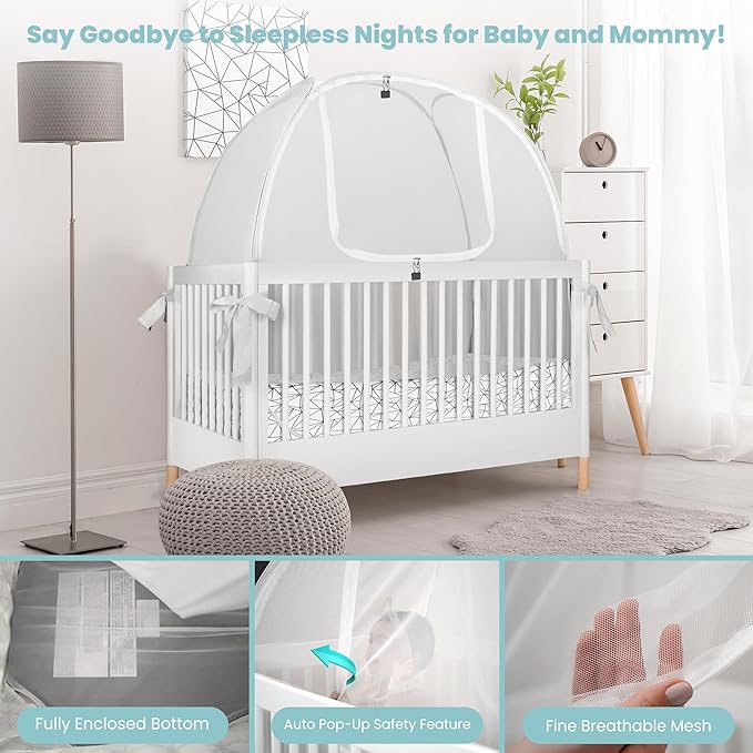 Breathable Mesh Crib Tent to Keep Baby from Climbing Out, Crib Net Canopy with Auto-Lock Zipper and Safety Latch, Crib Net to Keep Baby in, Crib Cover for Safety (Mosquiteros para Cunas de Bebes)