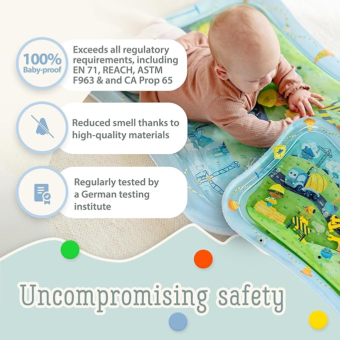 Tummy Time Water Mat for Babies – XXL Sensory Baby Water Play Mat – Award-Winning Infant Activity Mat for Motor Development – Premium, Baby-Safe Water Tummy Time Mat – Construction Site