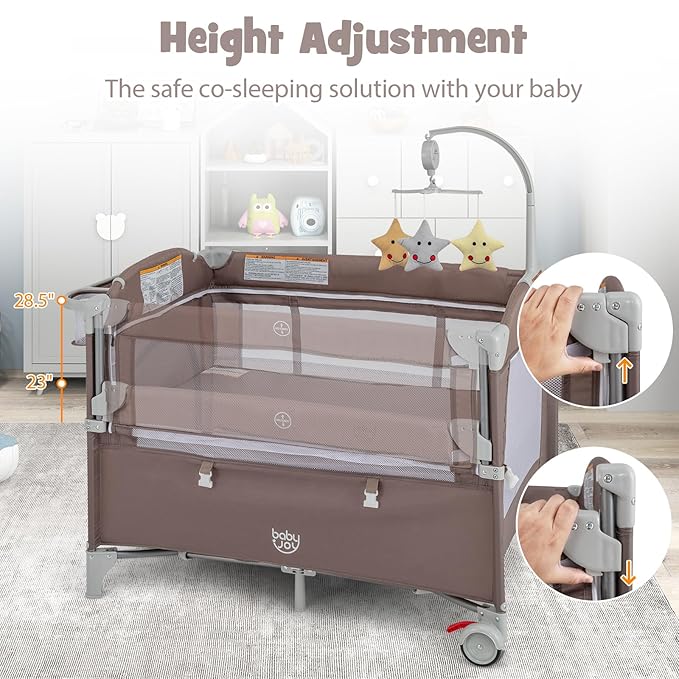 BABY JOY 5-in-1 Pack and Play, Portable Baby Bedside Sleeper with Bassinet, U-Shaped Diaper Changer, Safety Strap, Side Zipper Entrance, Bedside Crib Playard from Newborn to Toddlers (Coffee)