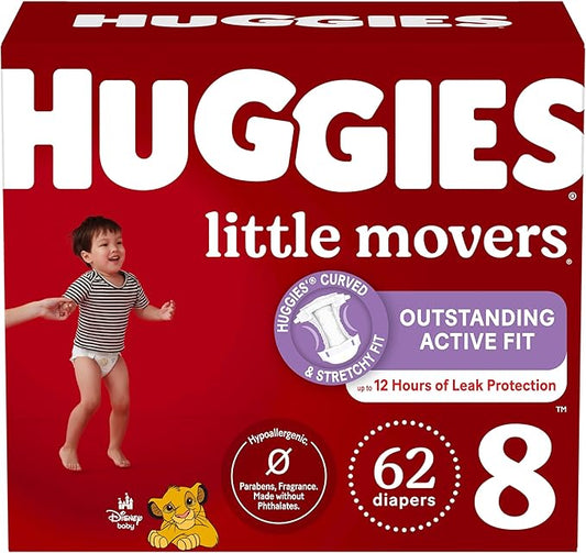 Huggies Size 8 Diapers, Little Movers Baby Diapers, Size 8 (46+ lbs), 62 Count