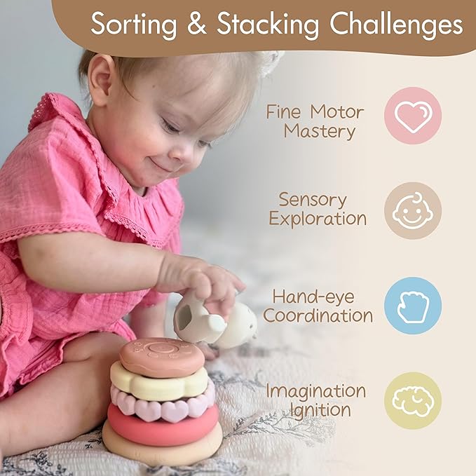 Moonkie Bunny Baby Stacking Toys | 7-Piece Silicone Rings for Teething Relief | Educational Toy for Infants & Toddlers 6 Months+ | Baby Girl Essentials