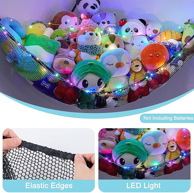 Unicorn Castle Stuffed Animals Net or Hammock Kids Toy Storage Organizer with LED Light Hanging Corner Stuffed Animals Holder Kids Girls Room Decor (Pack of 1)