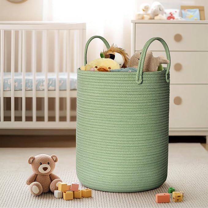 Large Green Laundry Basket, 15"x18" Tall Woven Cotton Rope Bin for Blankets Clothes, Baby Nursery Laundry Hamper, Kids Toy Storage Bin, Green Living Room Bedroom Decor Baskets for Organizing