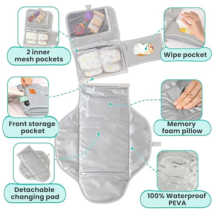 Portable Changing Pad for Baby, Travel Diaper Changing Pad for Newborn, Large Waterproof Baby Changing Mat, Foldable & Detachable Diaper Changing Station with Baby Wipes Pockets, Baby Stuff by Pillani