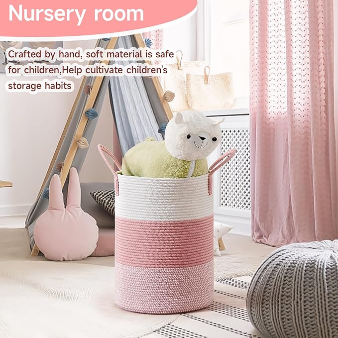 CLHMILY&Z 60L Laundry Basket Round Storage Rope Basket - 15x20.5 Inches - Pink Hamper in Bedreoom and Cute Storage Bin for Blankets, Toys, and Nursery Essentials