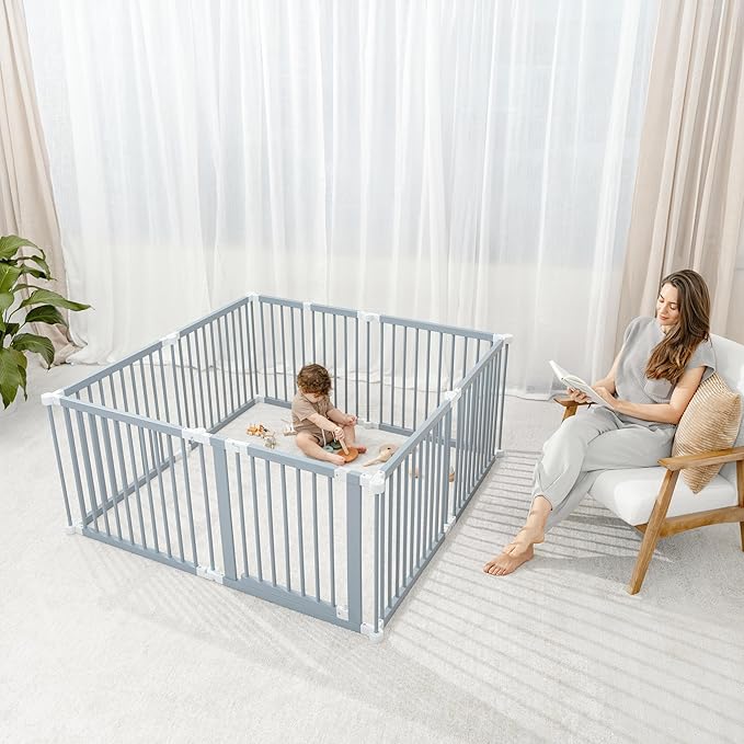 Comfy Cubs Baby Gate Playpen - 57 x 57 x 25 in, Extends Up to 228” - Pine Wood Foldable Playpen with Child-Proof Lock - Easy Assembly Baby Fence Play Area for Babies & Toddlers - Pacific Blue