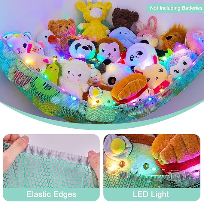 Unicorn Castle Stuffed Animals Net or Hammock Kids Toy Storage Organizer with LED Light Hanging Corner Stuffed Animals Holder Kids Girls Room Decor (Pack of 1)