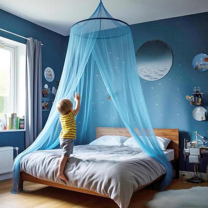 Blue Canopy for Girls Bed - Princess Mosquito Net Room Decor - Kids & Baby Bedroom Tent - 1 Opening Canopy Bed & Hanging Kit Included