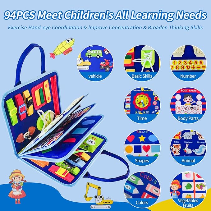 Montessori Busy Board for Toddlers Children's Sensory Toys, Buttons & Laces Develop Fine Motor Skills Travel-Friendly Learning Activity Board, for Kids