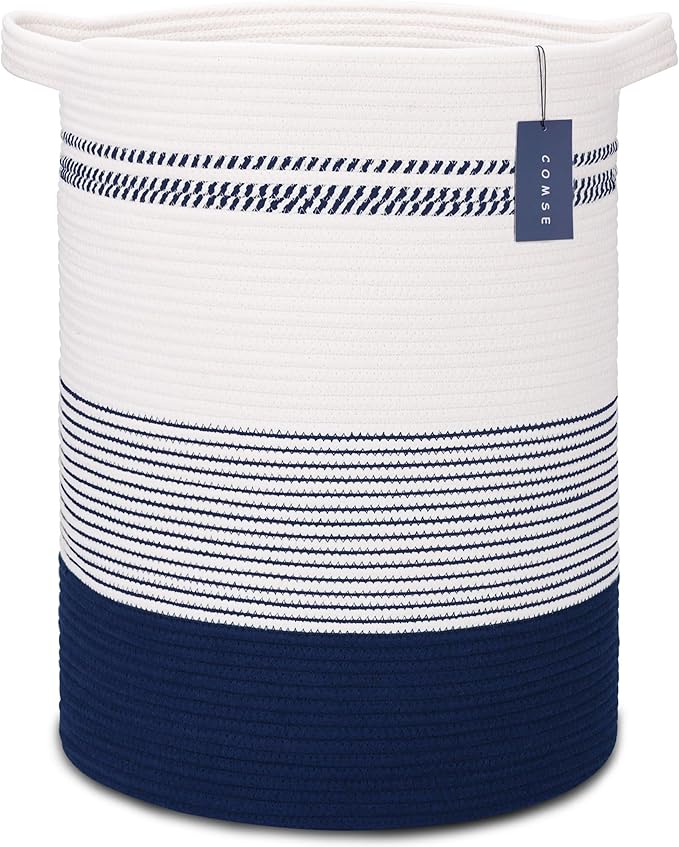 COMSE Extra Large Blanket Basket, Tall Laundry Basket, Nursery Hamper, 15.7”x 21.7”, Cotton Rope Woven Laundry Hamper for Storage Toys Clothes Towels, Navy Blue & White