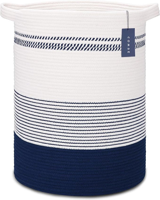COMSE Extra Large Blanket Basket, Tall Laundry Basket, Nursery Hamper, 15.7”x 21.7”, Cotton Rope Woven Laundry Hamper for Storage Toys Clothes Towels, Navy Blue & White
