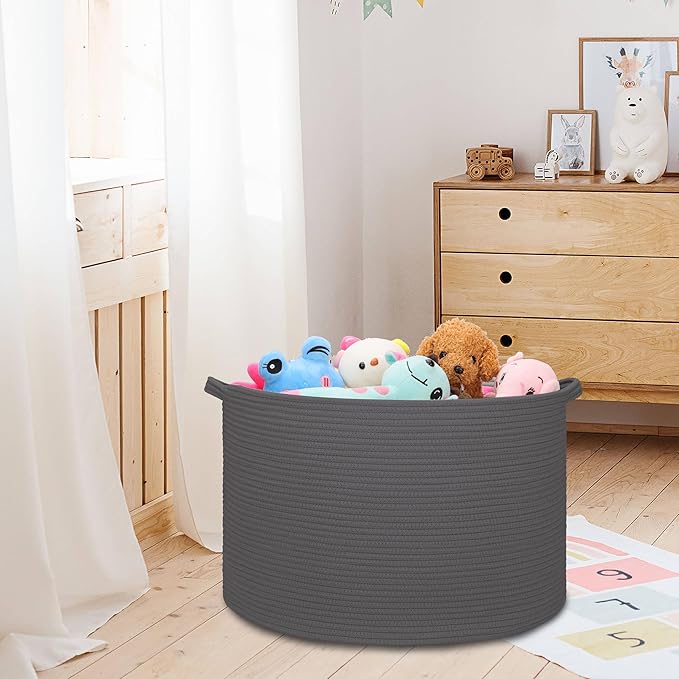 Extra Large Blanket Basket 87L, Laundry Hamper, Baby Nursery Hamper for Storage Toys Clothes Towels, Large Cotton Rope Laundry Basket for Girls Boys, 22”x 14”, Dark Gray