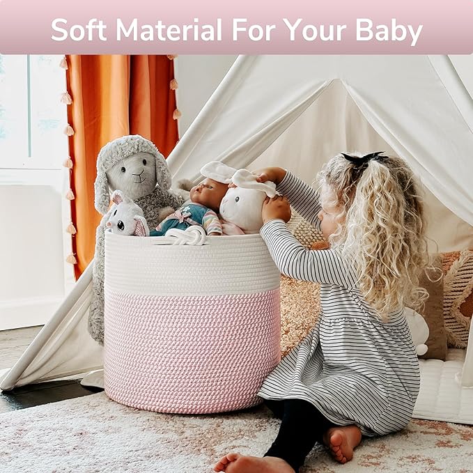Goodpick Baby Storage Basket, Pink Laundry Basket 15 x 14.2 Inches, Toy Basket for Clothes, Nursery Basket for Toys, Soft Woven Basket for Storage, Pink